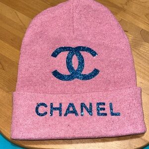 Pink Knit Hat with Glittery Blue Logo